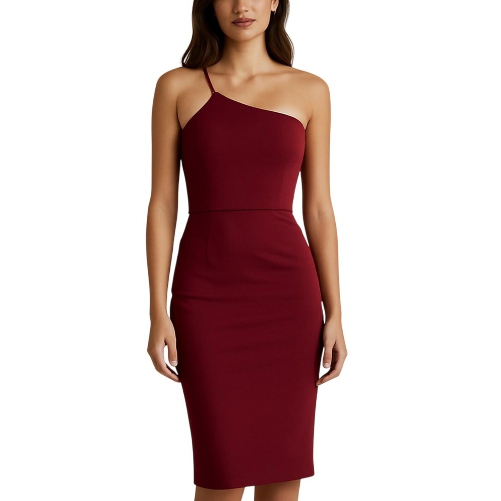 Womens Asymmetric One Shoulder Midi Dress Burgundy Formal Glam Cocktail